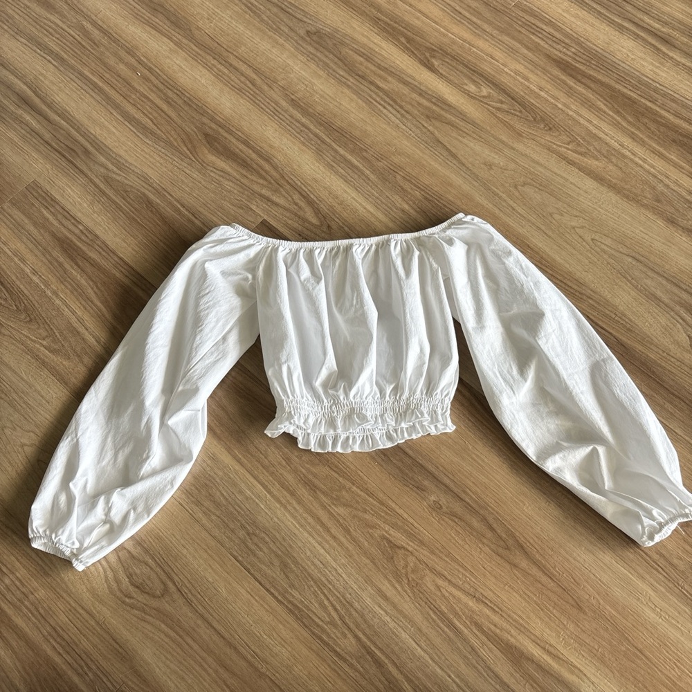 Reserved White Smocked Crop Blouse with Bishop Sleeves